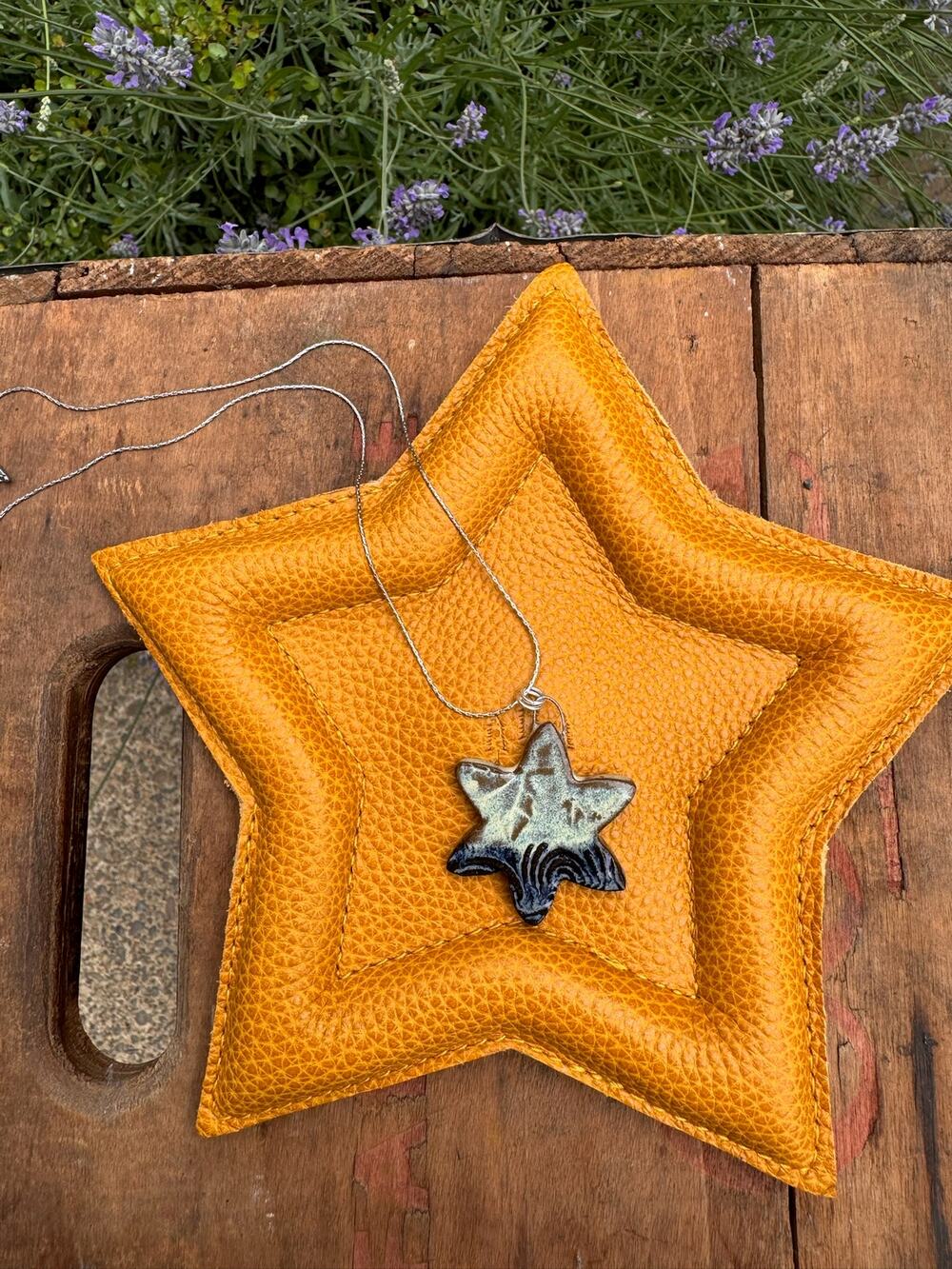 Boho Star Pendant Necklace Jewelry Boho Pottery Ceramics Necklace White Blue